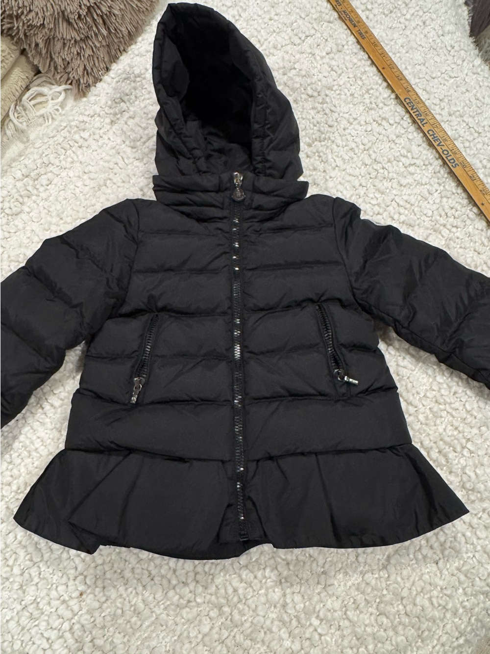Authentic Moncler Girls Black Down Puffer Jacket Peplum Hooded 5Y